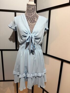 Light Blue Tie-Front Mini Dress with Smocked Waist